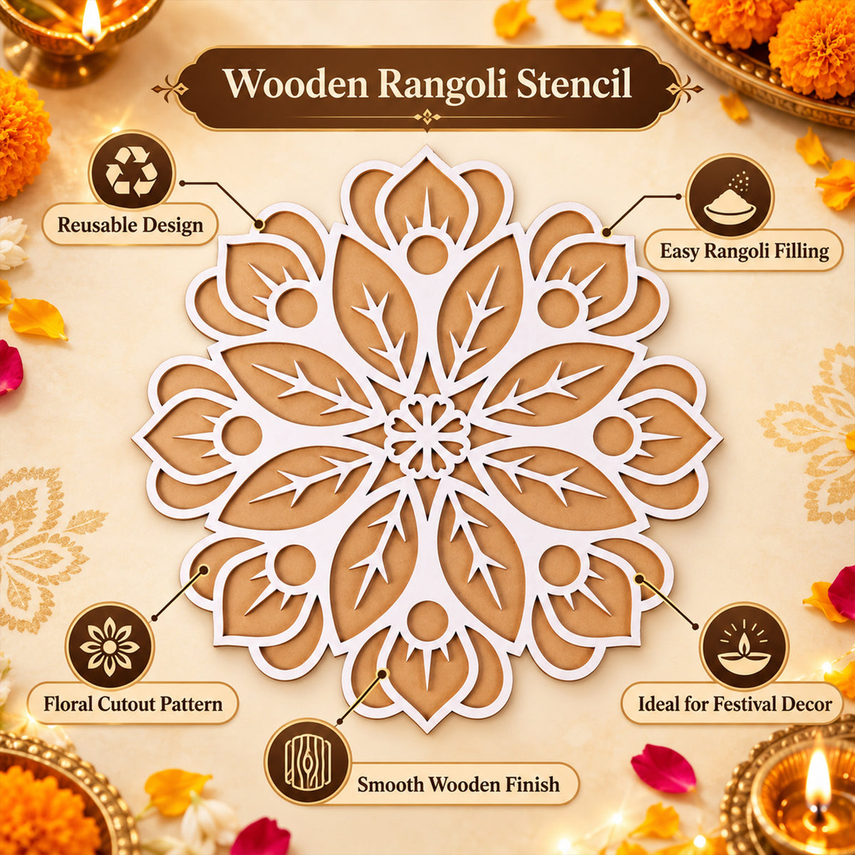 A white and brown wooden rangoli stencil with text overlays highlighting features like "Reusable Design," "Easy Rangoli