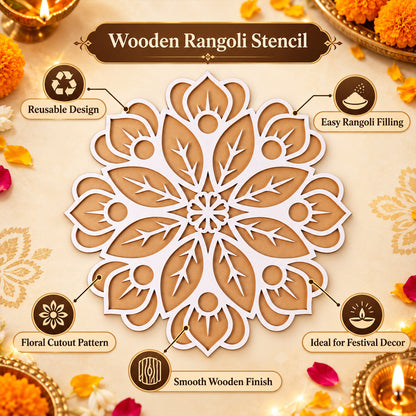 A white and brown wooden rangoli stencil with text overlays highlighting features like "Reusable Design," "Easy Rangoli