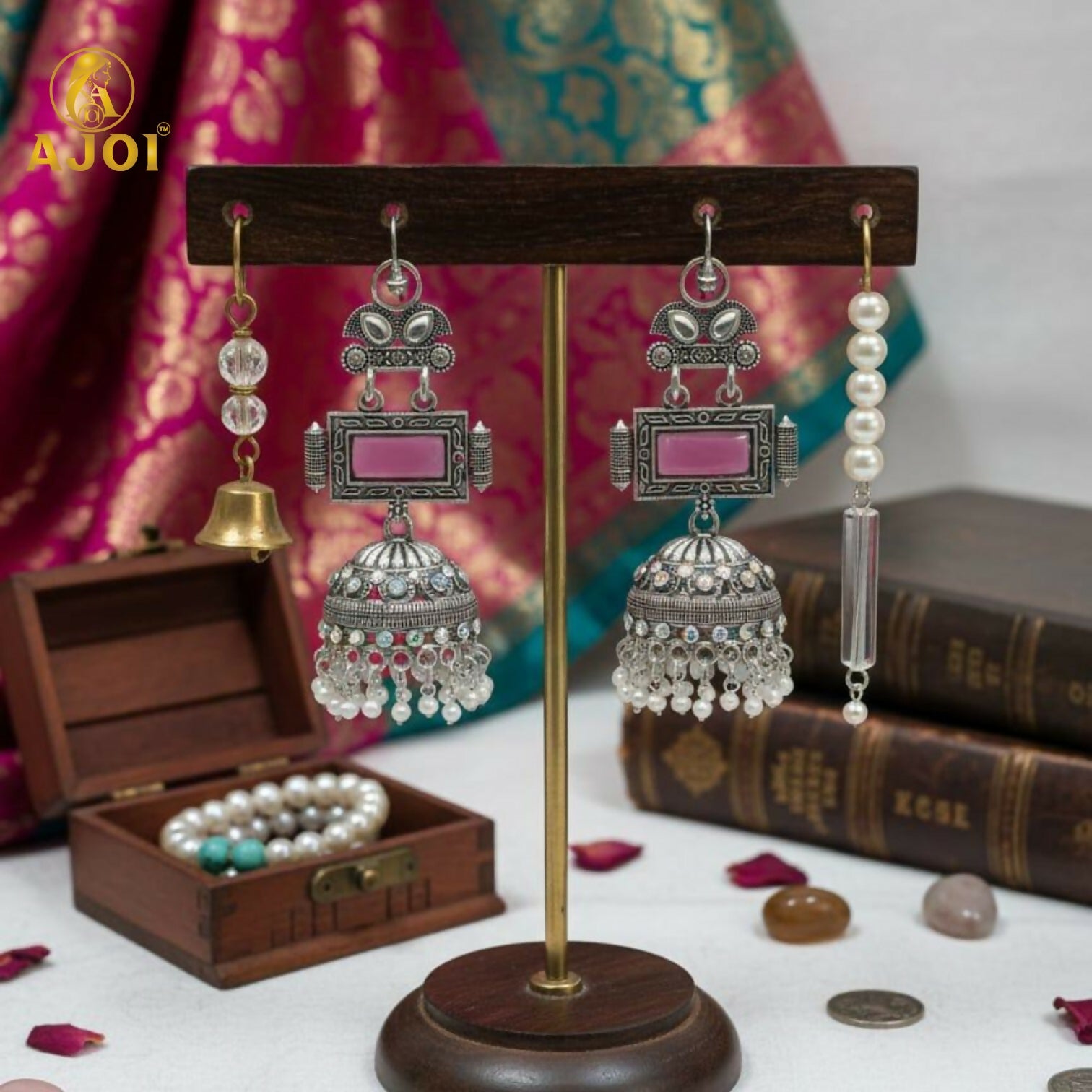 Royal Heirloom Oxidized Silver Jhumka Earrings with Blush Pink Stone, Intricate Hand-Engraved Motifs, Crystal Accents & Pearl Drop Fringe.