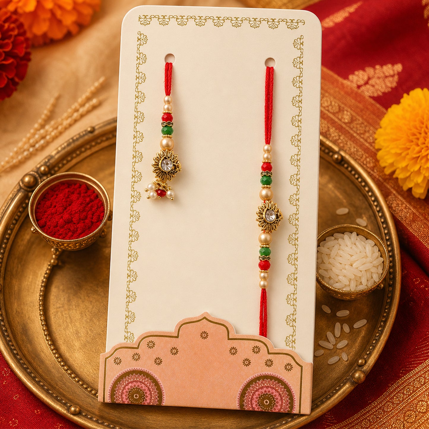 Classic Floral Motif Design Bhai Bhabhi Rakhi with Flower and Pearl Tassel for Gift