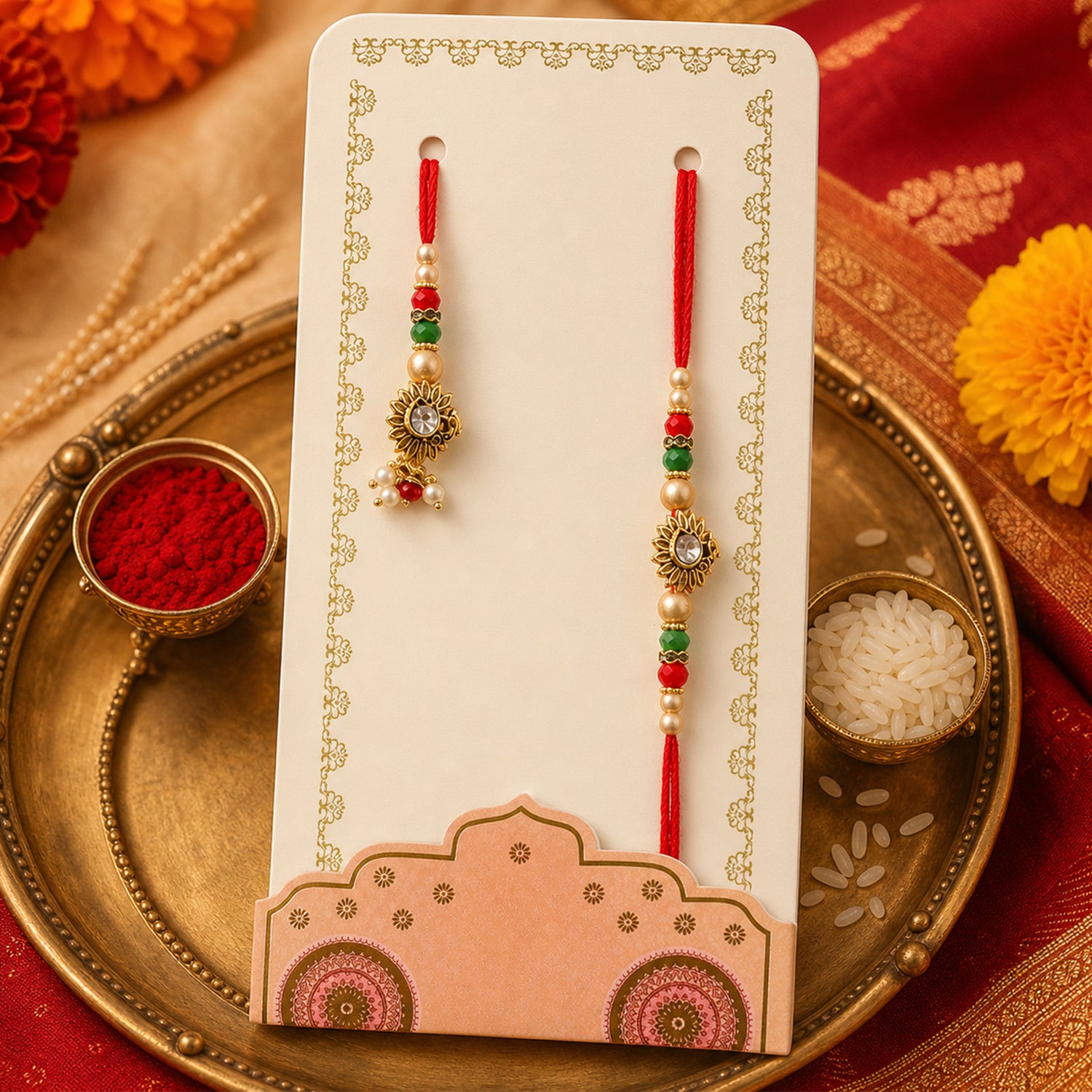 Classic Floral Motif Design Bhai Bhabhi Rakhi with Flower and Pearl Tassel for Gift