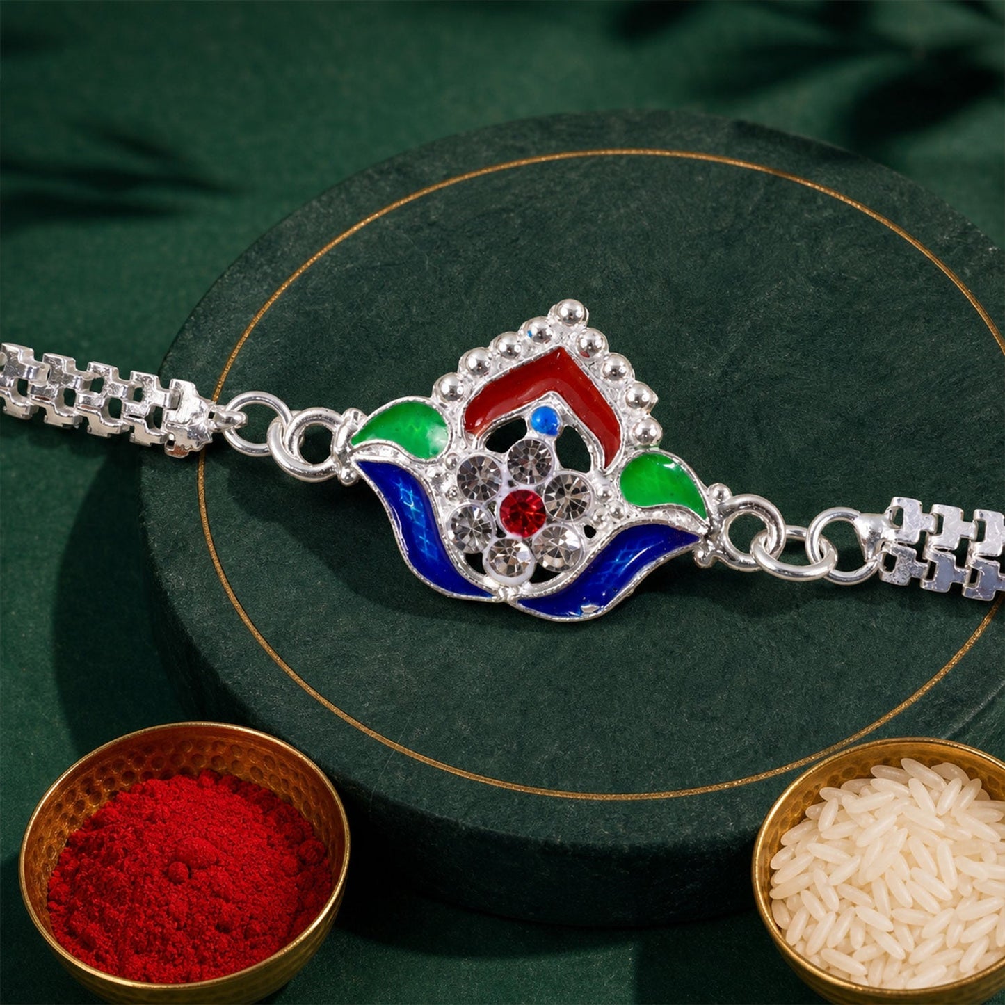 Lotus Meenakari Enamel Crystal Stone Silver Chain Designer Rakhi (10pcs)