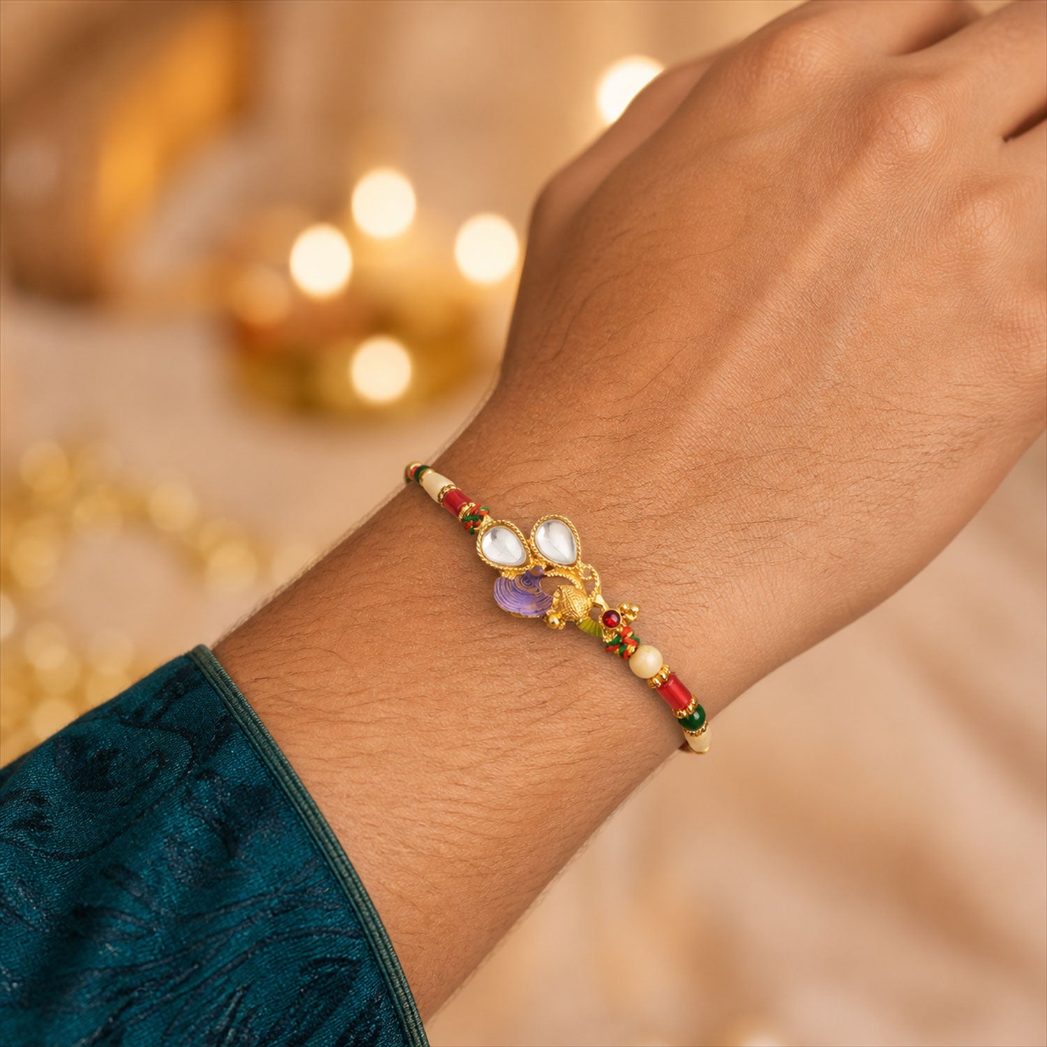 Floral Kundan Pendant Rakhi with Purple Peacock Accent
