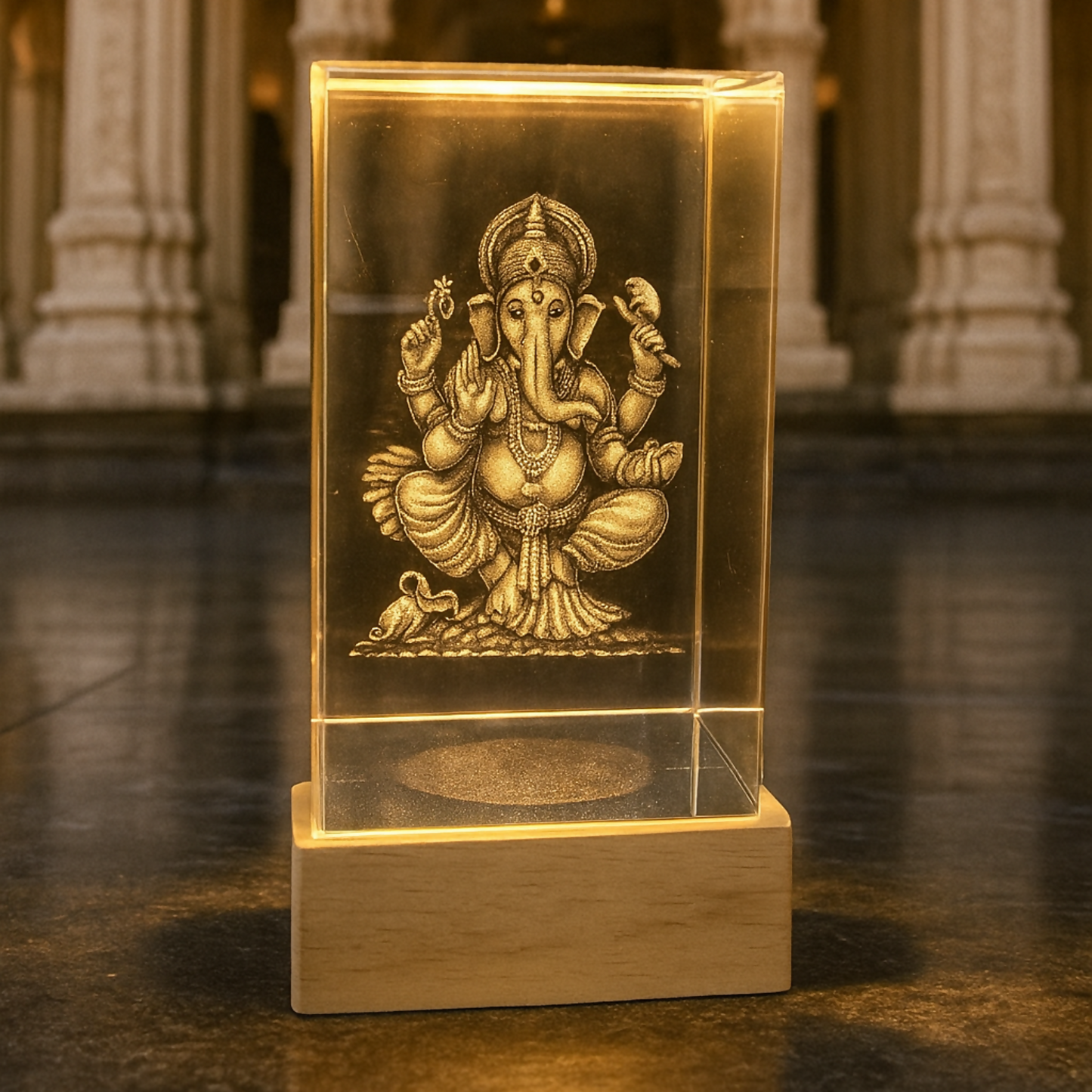 Premium 3D Acrylic LED Lord Ganesha Lamp with Wooden Base | Divine Ganpati Night Light for Home Temple, Office & Spiritual Decor | Engraved Crystal Glass Cube Light for Gifting & Festive Decoration