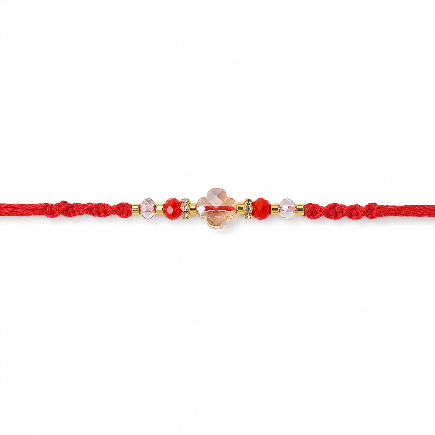 Red Thread Rakhi with a Row of Sparkling Crystal Bead Pendant Accents