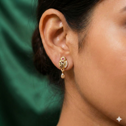 Traditional Gold-Plated Daily Use Peacock Filigree Dangle Earrings with Ruby & Crystal Accents