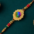 Bold Rakhi featuring Rainbow Devanagari Plaque, bead line and gift style for Gift Use