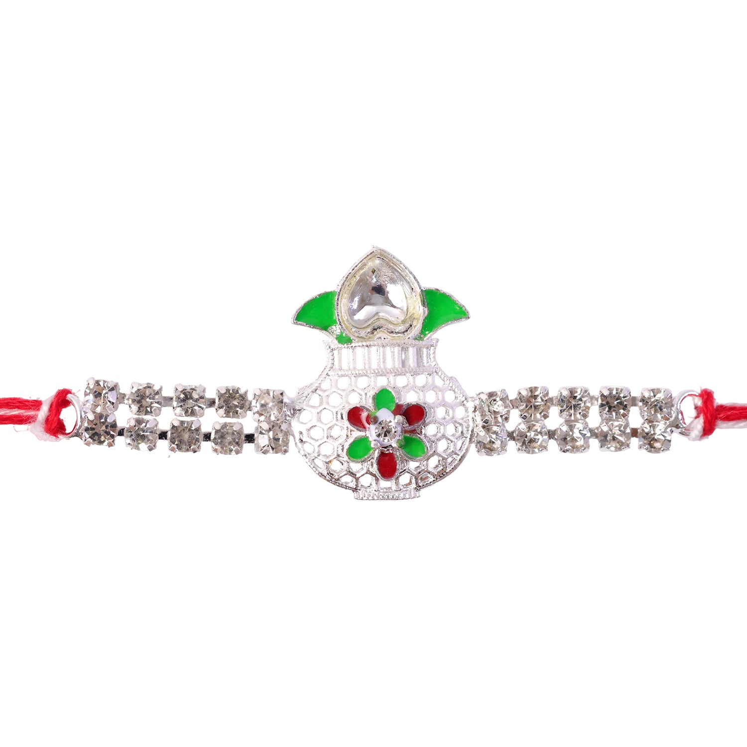 Premium Rakhi showcasing Kalash Charm, gold trims and thread style for Gift Styling