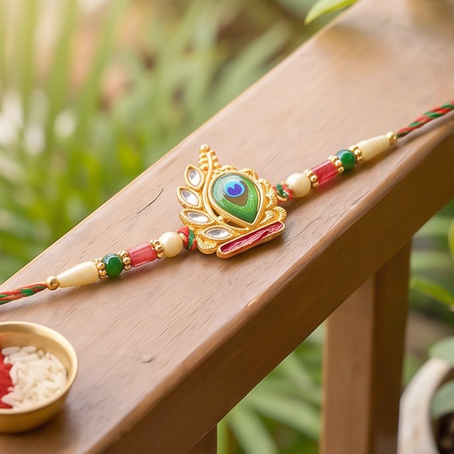 Peacock Feather Crown Kundan Pendant Rakhi with Pearl Beads