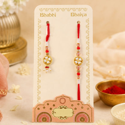 Divine Floral Medallion Bhai Bhabhi Rakhi with Flower Ring and Pearl Drops for Gift