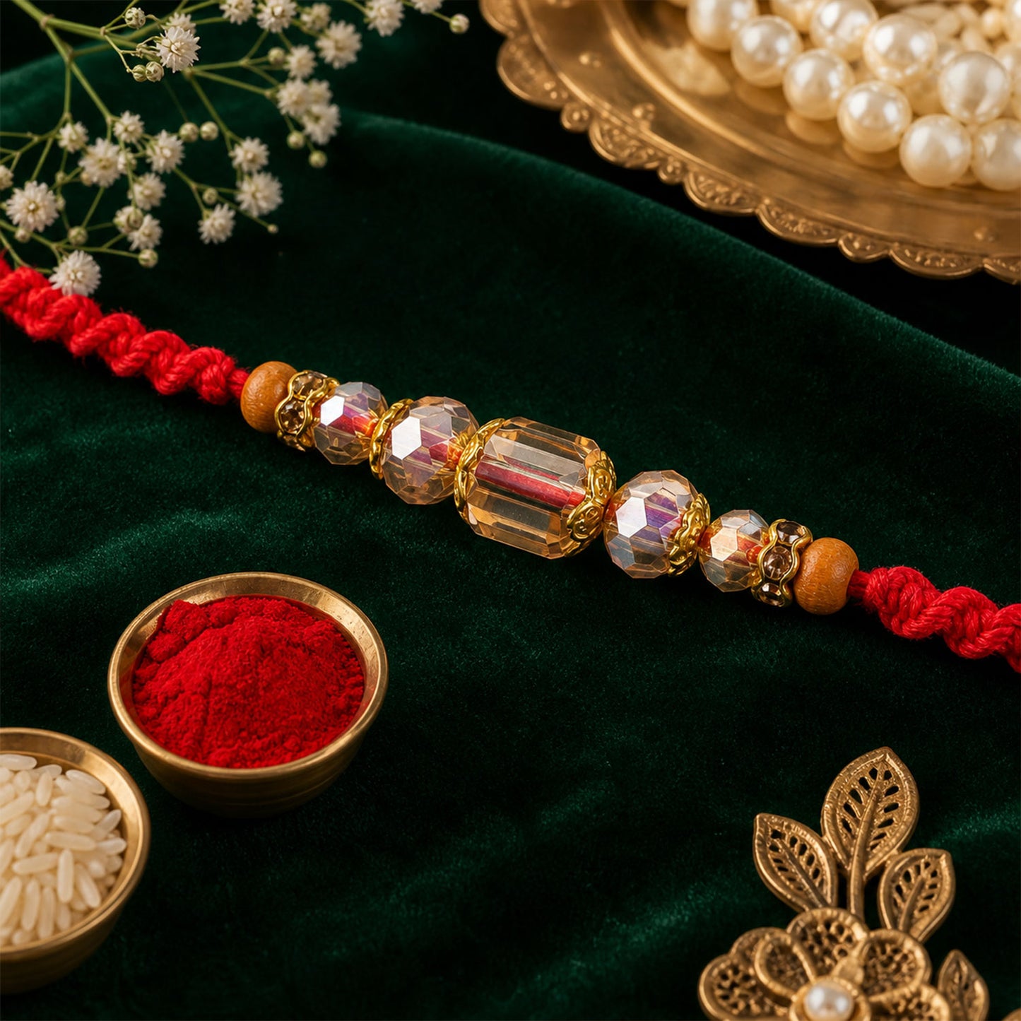 Red Thread Rakhi with Champagne Crystal Beads and Golden Accents