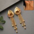 Gold Plated Textured Teardrop Dangle Earrings with Multi Chain Tassel Drop Design