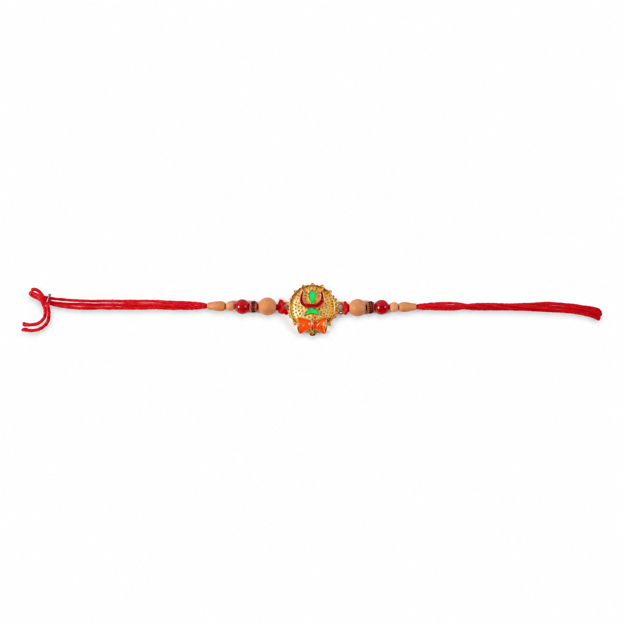 Tiny Trishul Damru Rakhi with Green Stone Center and Minimal Red Thread