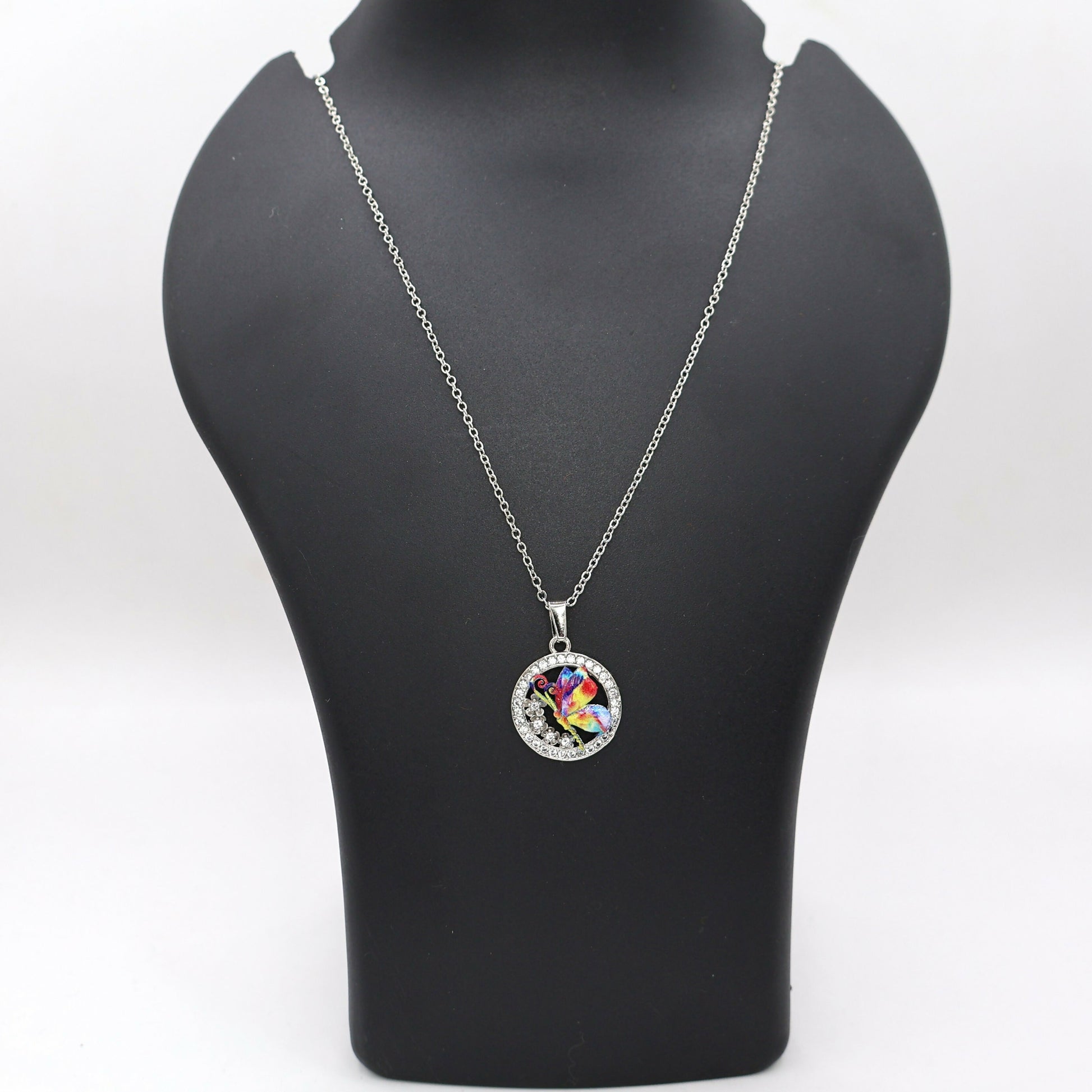 Rainbow Enamel Butterfly Circle AD Halo Pendant Necklace For women and girls