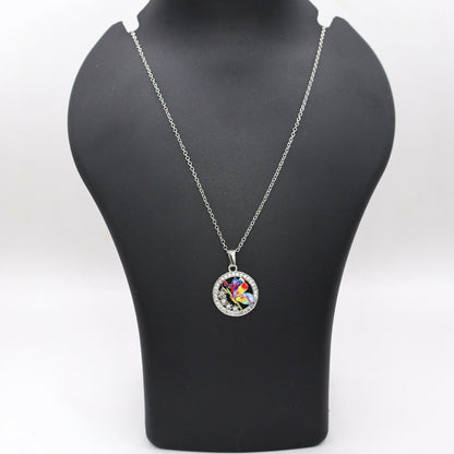 Rainbow Enamel Butterfly Circle AD Halo Pendant Necklace For women and girls