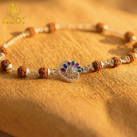 Premium Rudraksha Shiv Feather Rakhi Bracelet for Men Spiritual Ethnic Design Gift