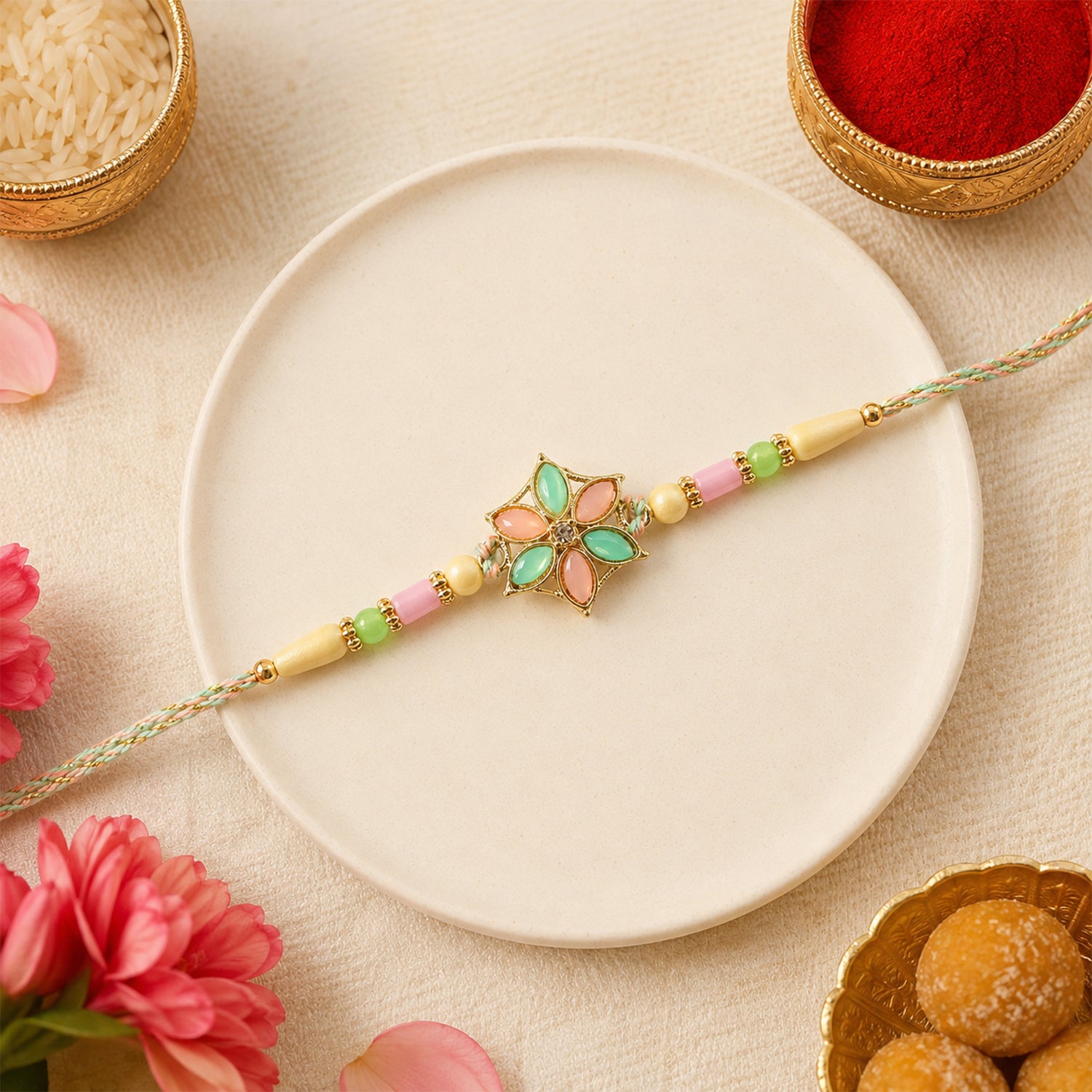 Multicolor Floral Enamel Pendant Rakhi with Pastel Beads