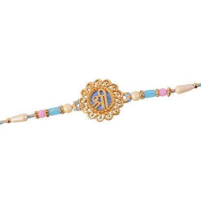 Bold Rakhi featuring Shri Plaque, ornate frame and plaque look for Festive Display