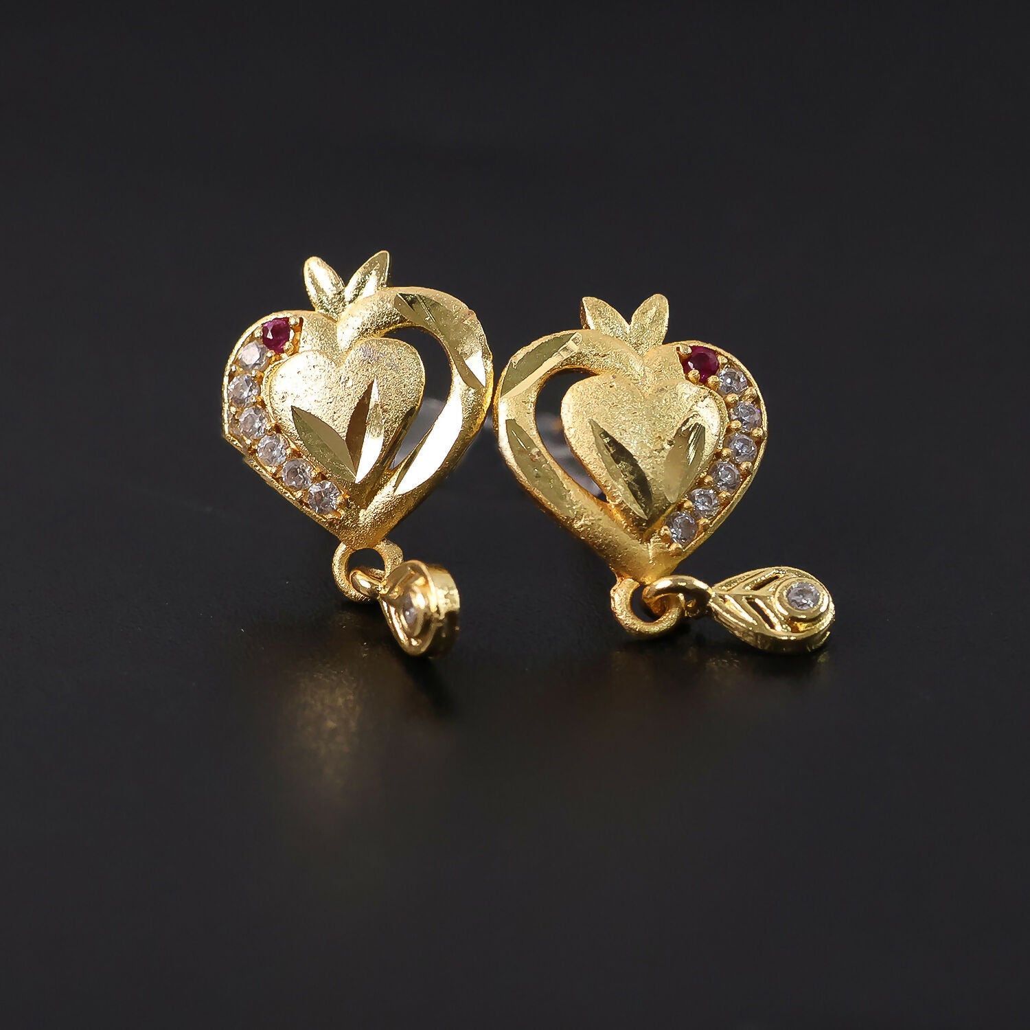 Heart Shaped Gold Finish Earrings With Crystal Border And Delicate Hanging Drop