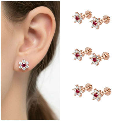 Set of 3 rose gold ruby floral stud earrings with crystal halos