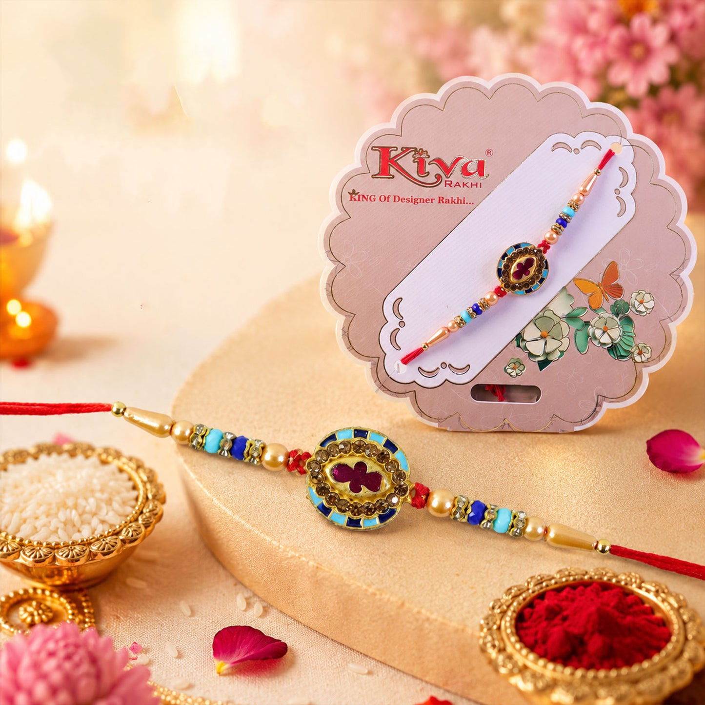 Round Meenakari Floral Designer Rakhi for Brother with Turquoise Beads