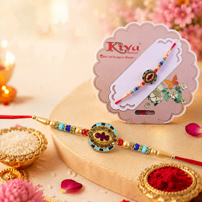 Round Meenakari Floral Designer Rakhi for Brother with Turquoise Beads