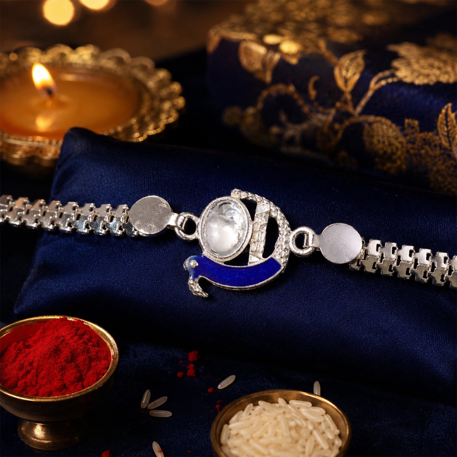 Peacock Rakhi Blue Enamel Silver Design for Brothers (5pcs)