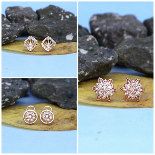 Rose Gold AD Stud Earrings Set | 3 Pair Combo | Diamond Look for women and girls