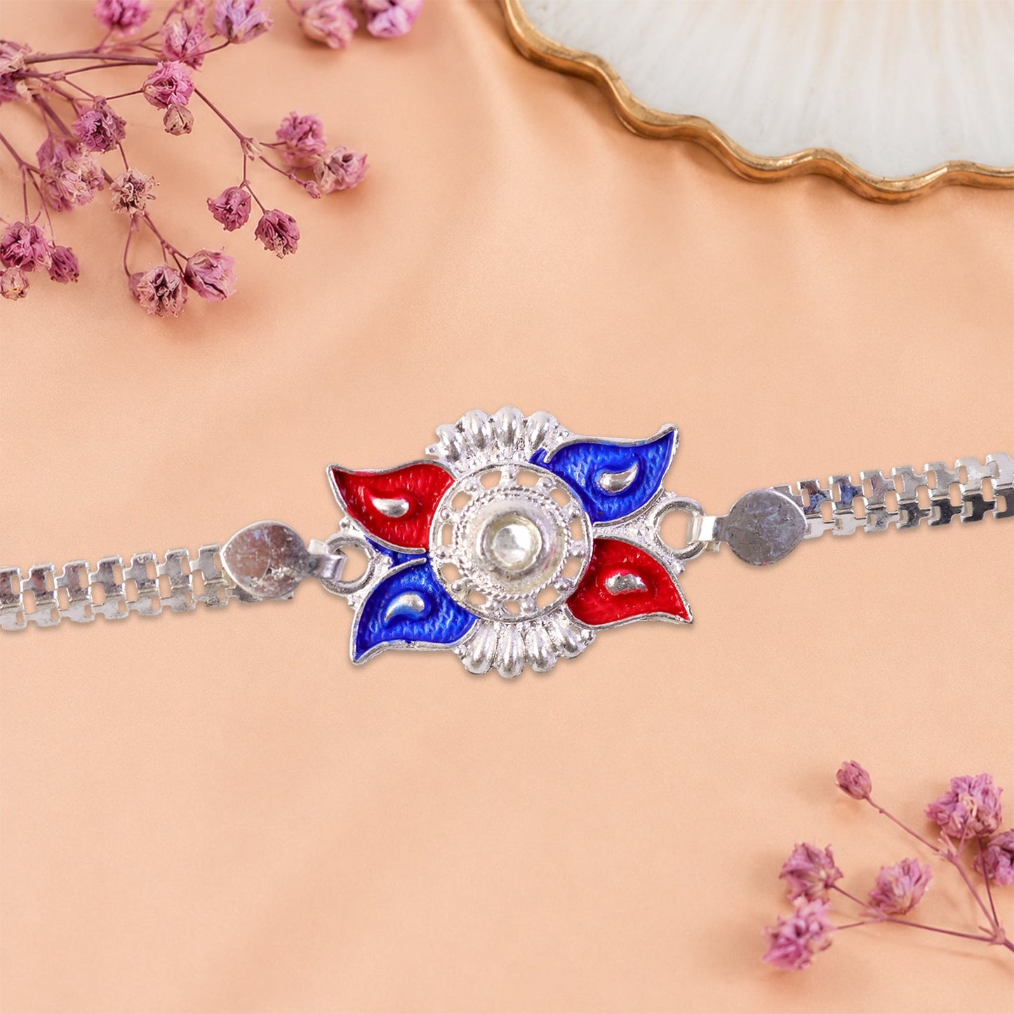 Sun Design Rakhi Red Blue Enamel & Silver-Tone Chain (10pcs)