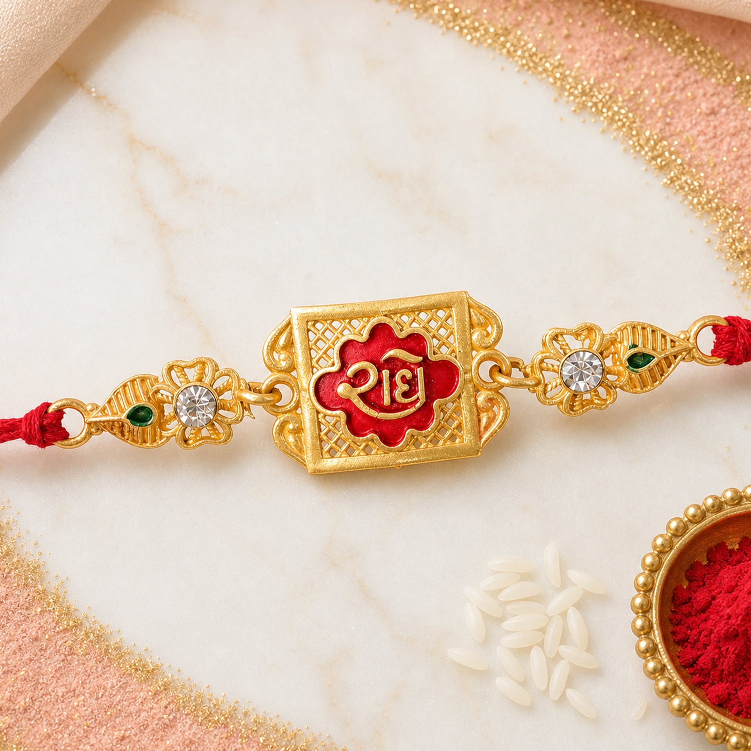 Gold-Toned Radhe with Red Enamel, Crystal Accents & Designer Red Thread