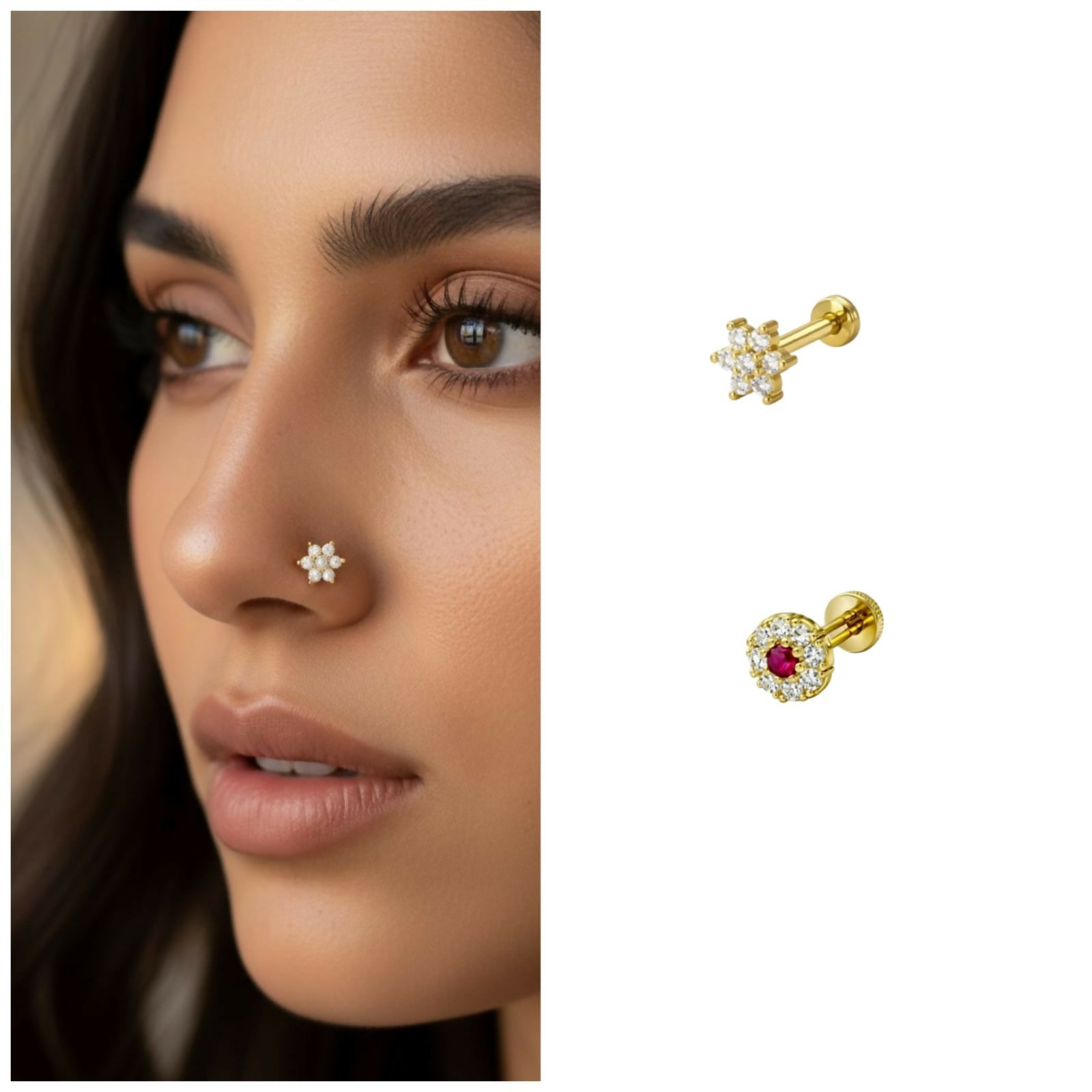 Ruby-red center floral halo gold plated nosepin stud combo pack