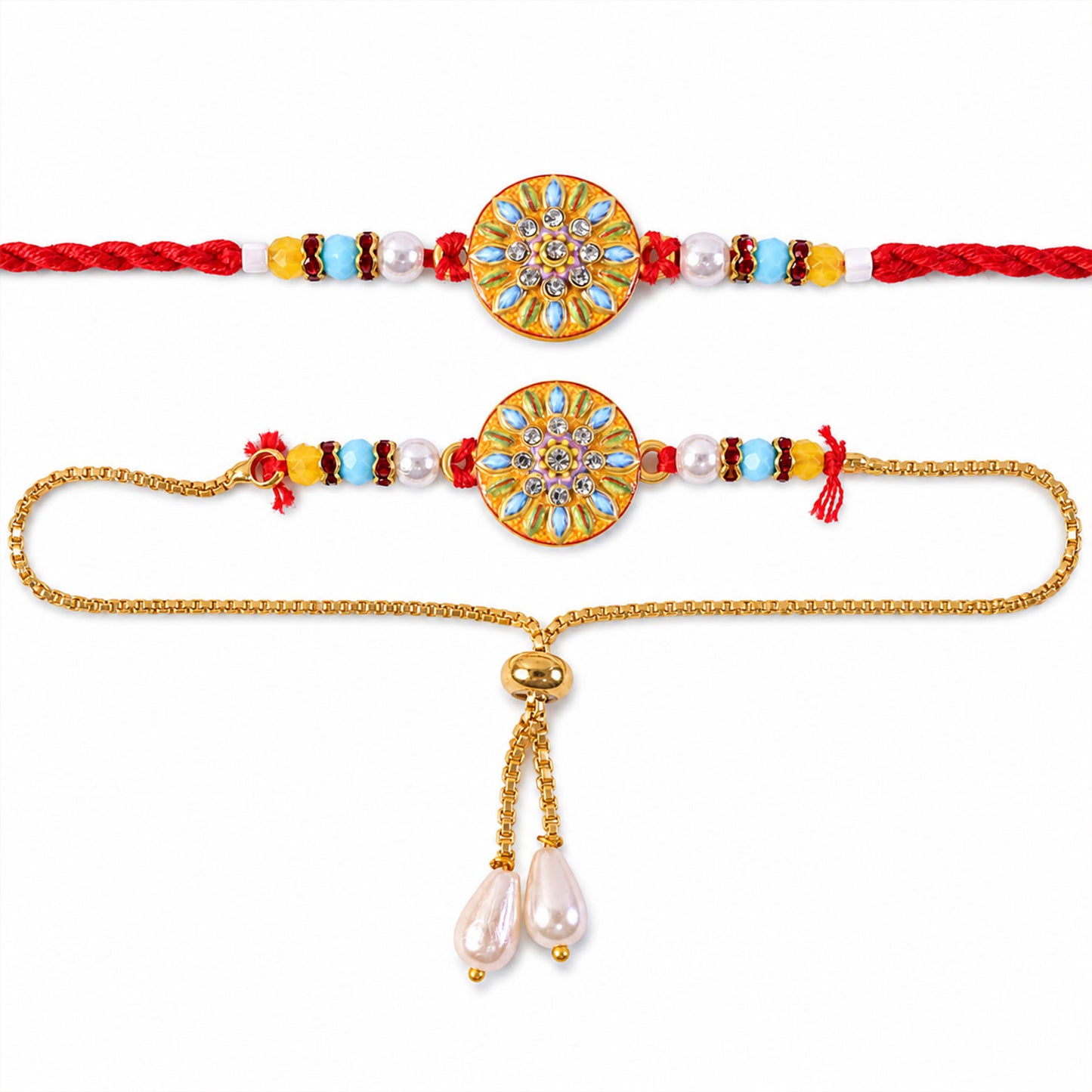 Mandala Floral Beaded Bhai Bhabhi Lumba Rakhi with Pearl Drops