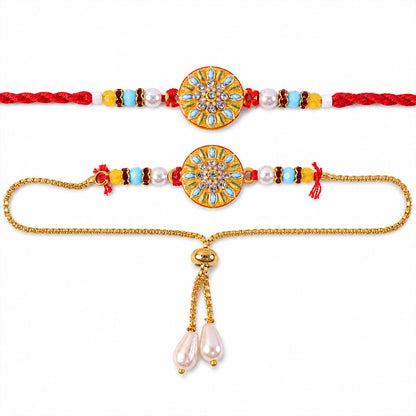 Mandala Floral Beaded Bhai Bhabhi Lumba Rakhi with Pearl Drops