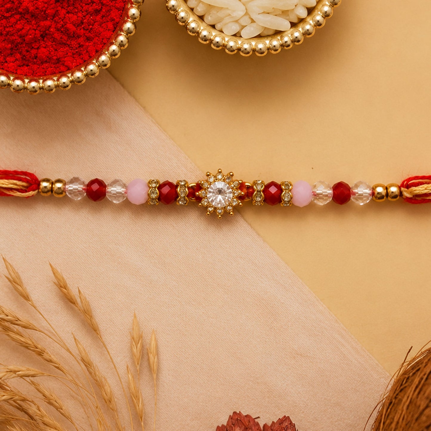 Pink & Red Crystal Sunflower AD Stone Designer Rakhi for Brother Gift