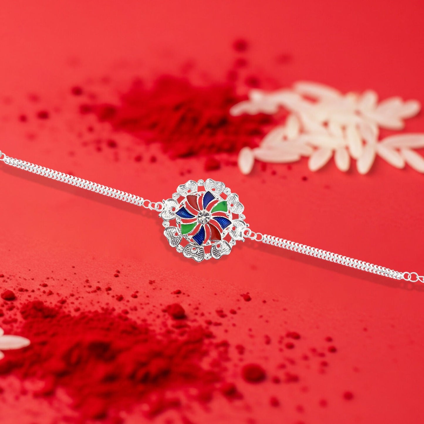Round Meenakari Mandala Floral Enamel Crystal Silver Chain Rakhi (5pcs)