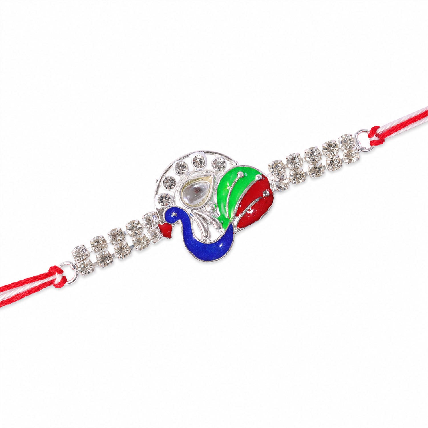 Silver-Toned Peacock Rakhi with Multicolor Enamel, Kundan-Style Stone & Double Crystal Chain