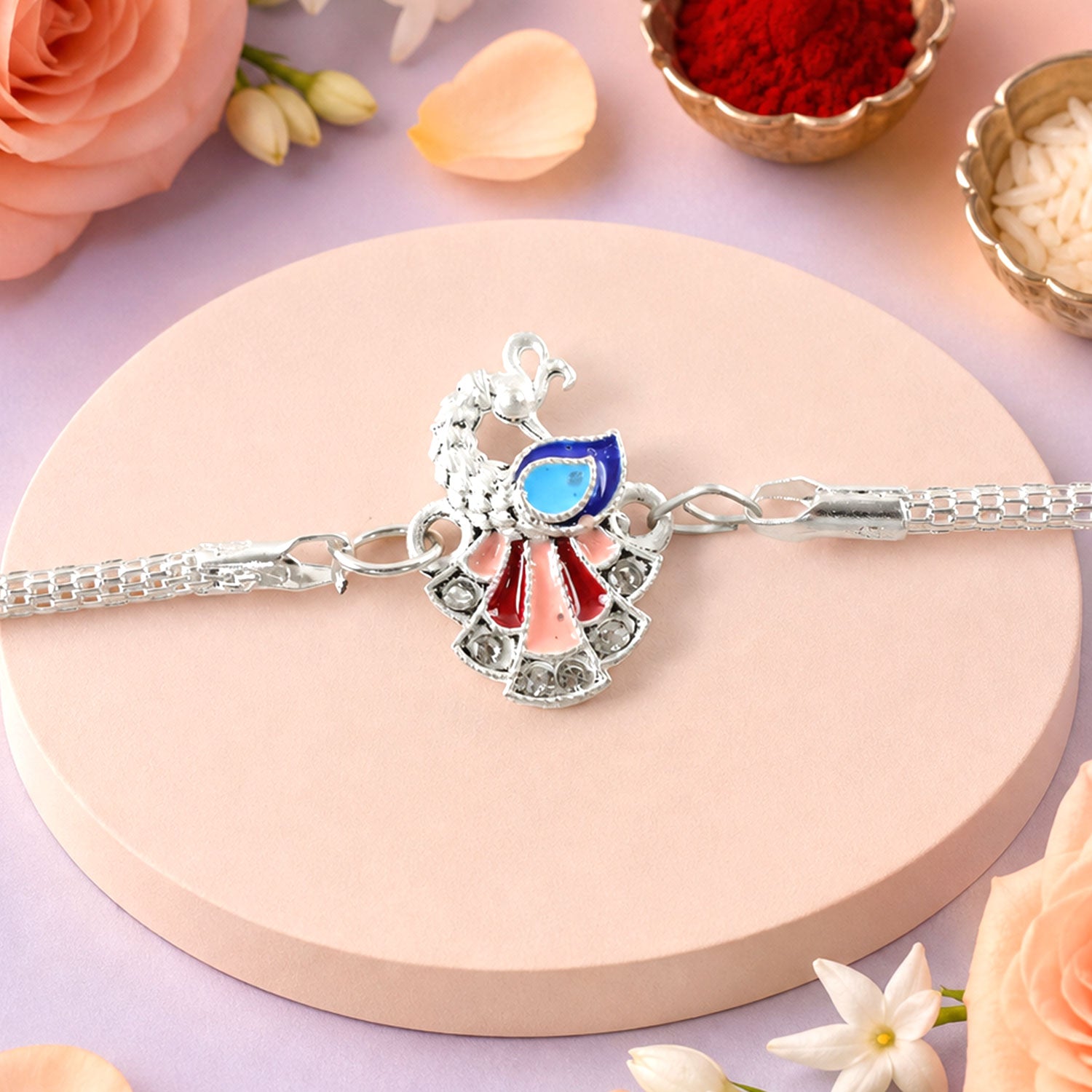 Stylish Peacock Enamel Crystal Studded Silver Chain Designer Rakhi
