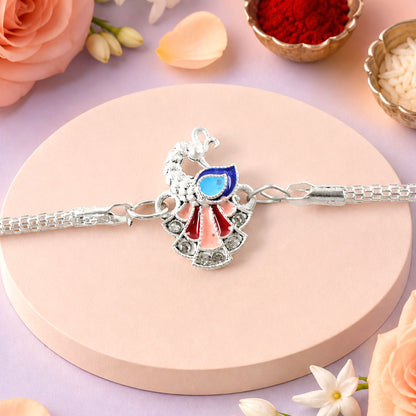 Stylish Peacock Enamel Crystal Studded Silver Chain Designer Rakhi