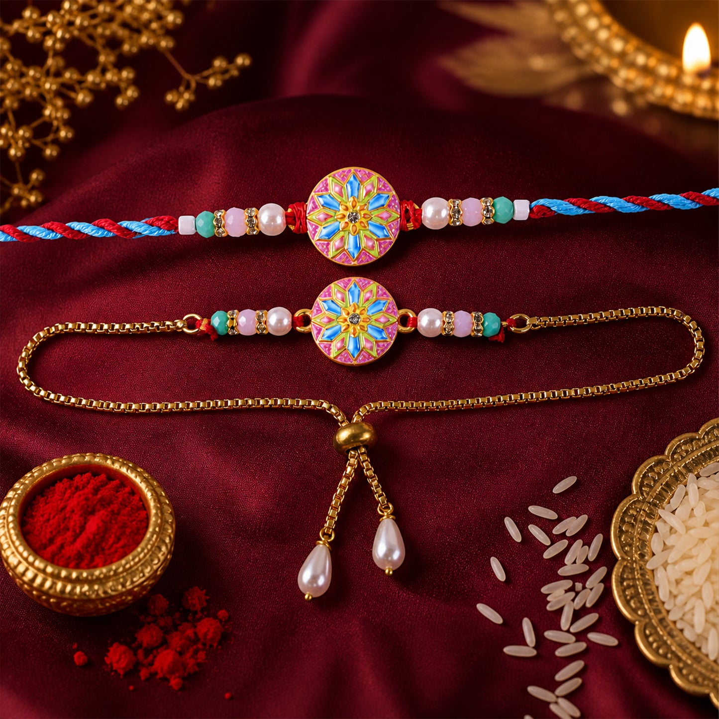 Starburst Meenakari Bhai Bhabhi Lumba Rakhi with Pearl Tassels