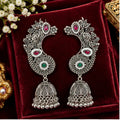 Ornate Floral Jhumka Earrings with Stone Accents and Traditional Beaded Dome Drops