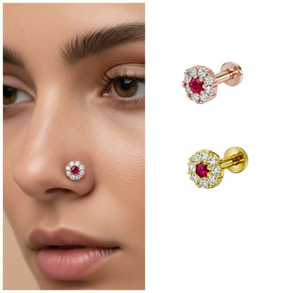 Rose gold plated ruby and diamond halo nosepin stud