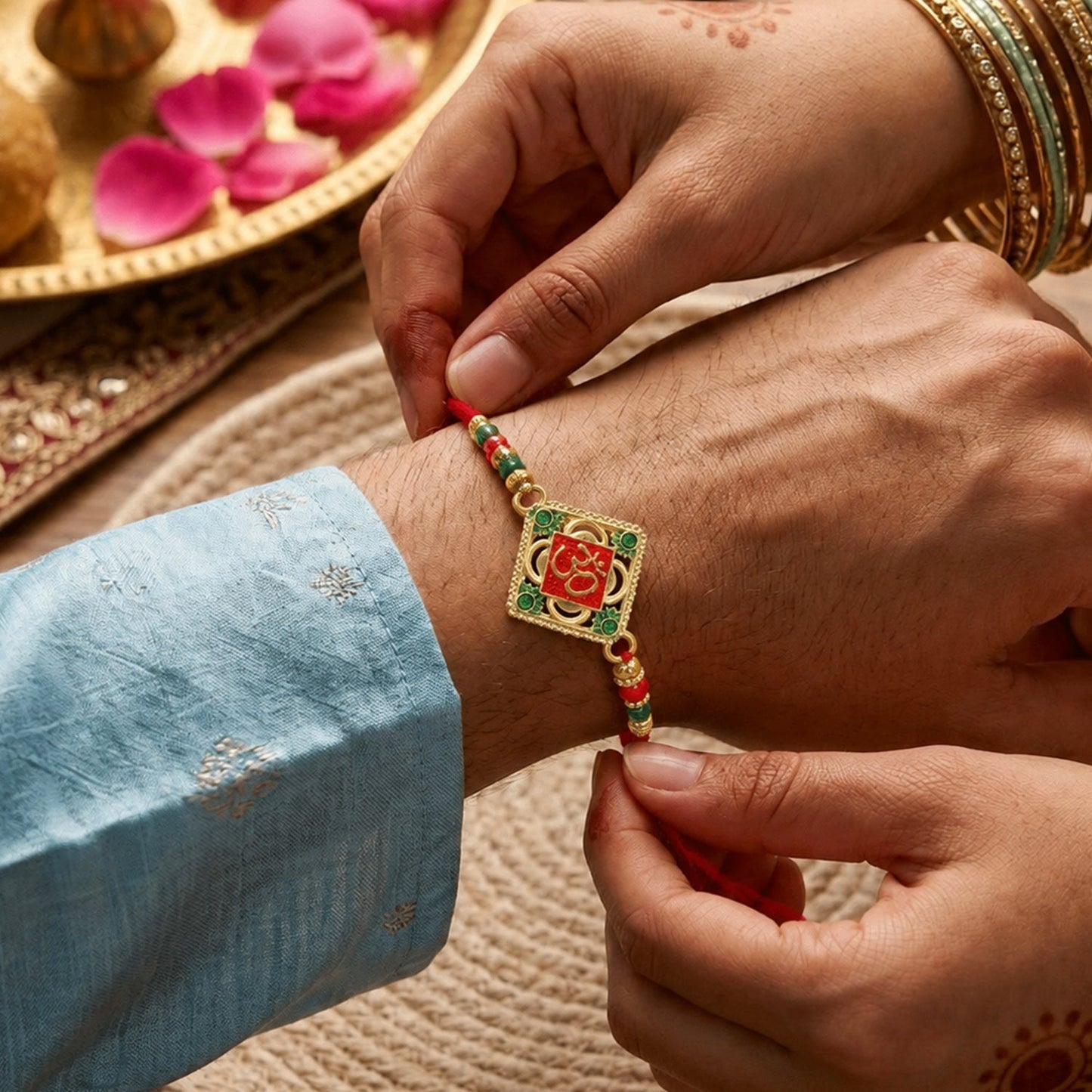 Square Om Kundan Beaded Traditional Rakhi for Brothers (10pcs)