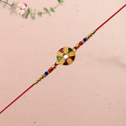Multicolor Kundan Rakhi Golden Floral Design with Beaded Red Thread (5pcs)
