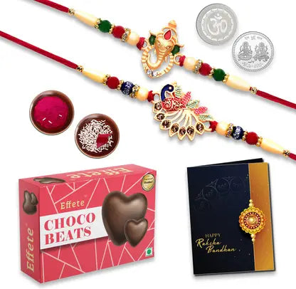 Rakhi Gift Combo with 2 Designer Rakhis for Brother – Ganesh & Peacock Theme with Choco Beats, 2 Silver Coins, Roli Chawal & Greeting Card
