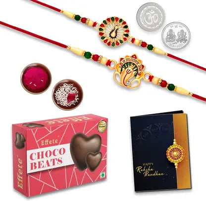 Rakhi Gift Combo with 2 Traditional Rakhis for Brother – Includes Choco Beats Box, 2 Silver Coins, Roli Chawal & Greeting Card