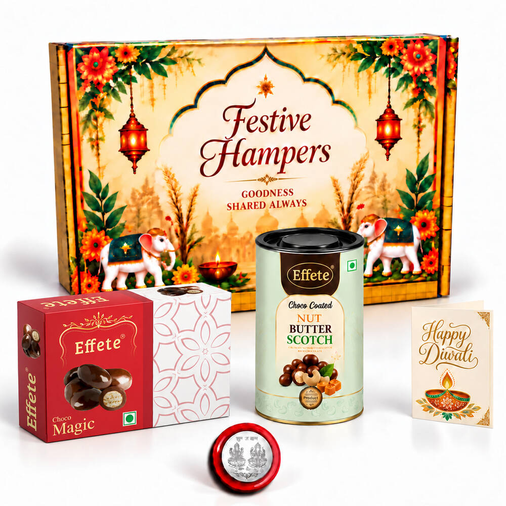 Festive hamper box, red chocolate box, nut butterscotch tin, silver coin, and greeting card on white background.