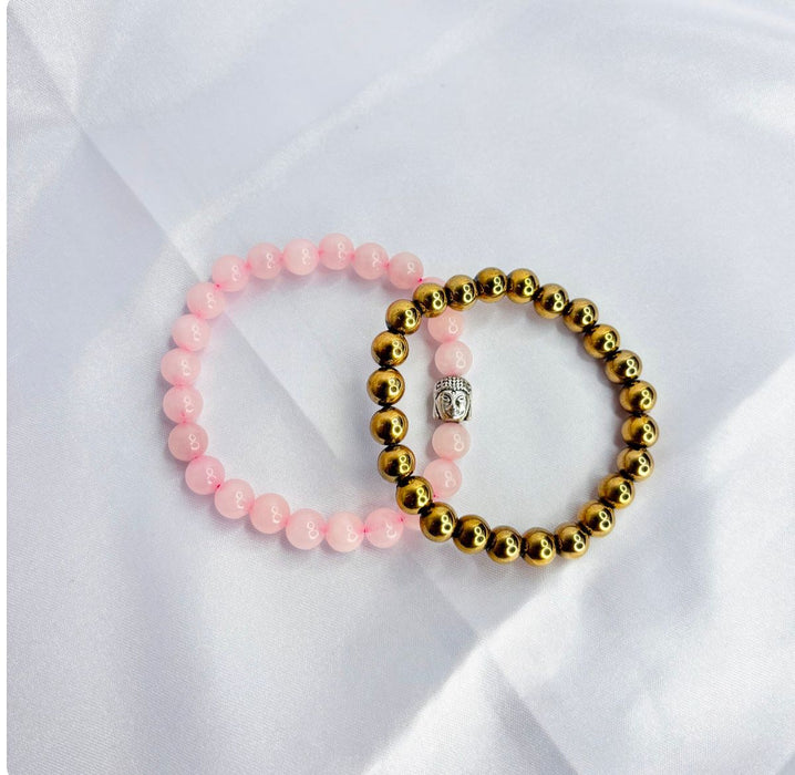 Reiki Crystal Products Natural Rose Quartz Bracelet With Buddha Head (2 pc set)