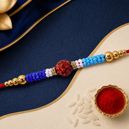 Blue Red Beaded Rakhi with Gold Accents and Classic Festive Brother Gift Appeal Ideas