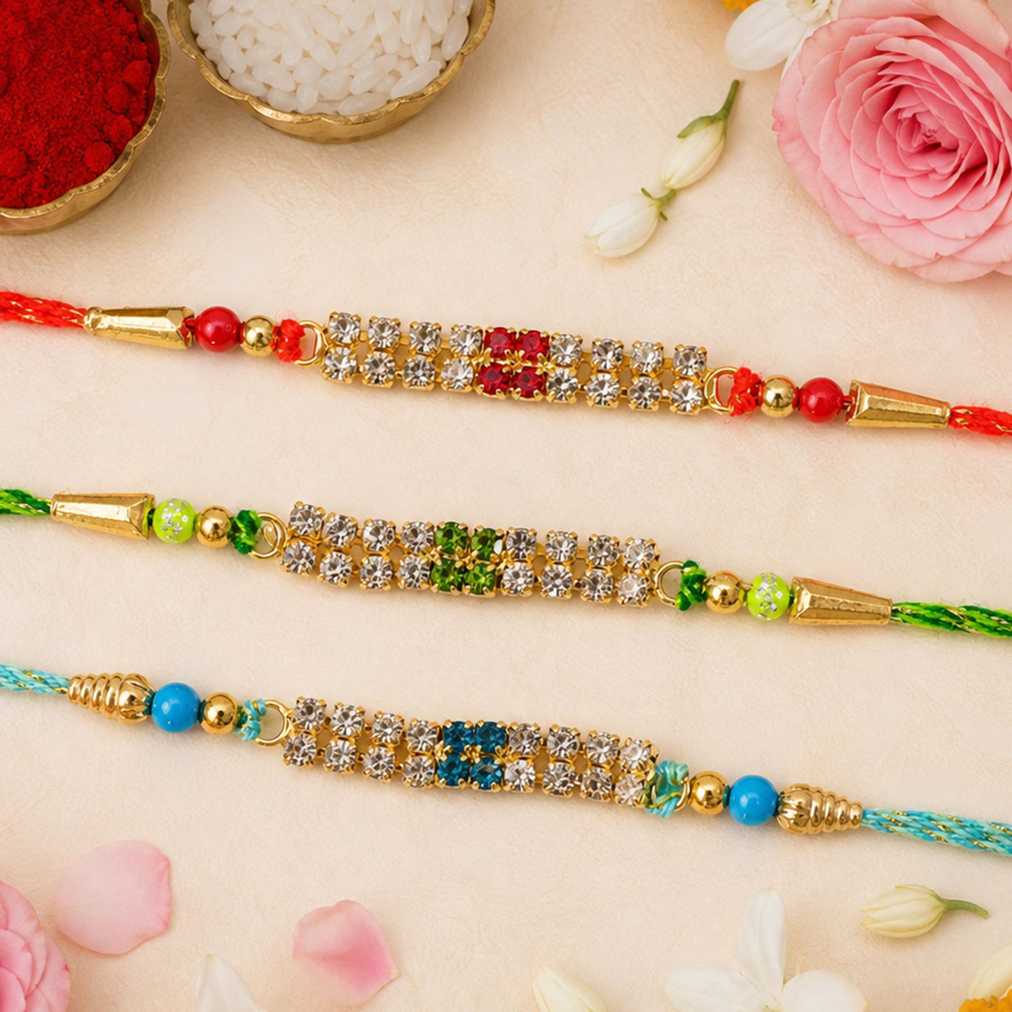 Rectangular Bar Motif Rakhi with Mix Colour Stones (Pack of 6)