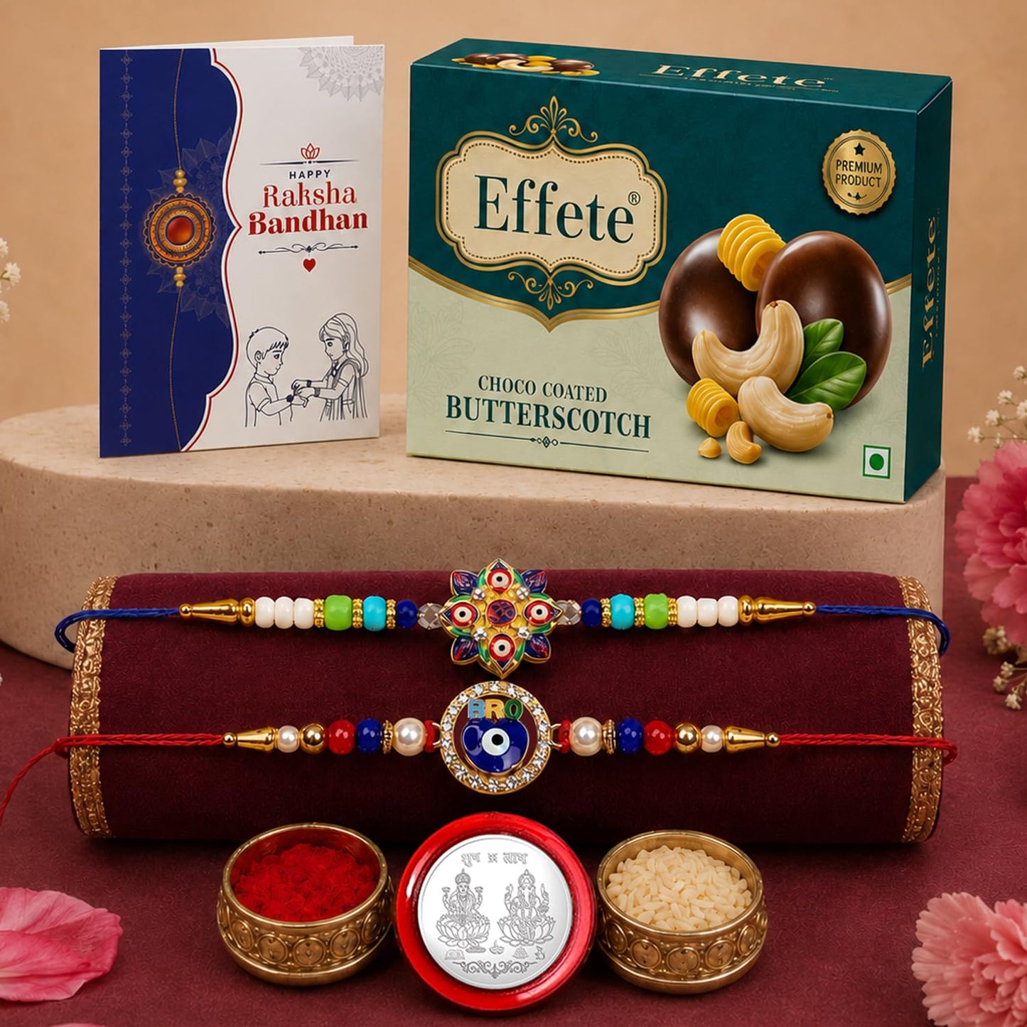 Evil Eye, OM Rakhi Combo - Raksha Bandhan Gift with Choco Butterscotch 32gm, Pack of 6